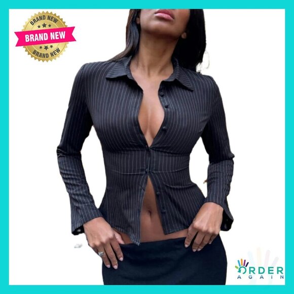 Tops - Striped Fitted Button Down Shirt Y2K Long Sleeve V Neck Collared Blouse Coquette